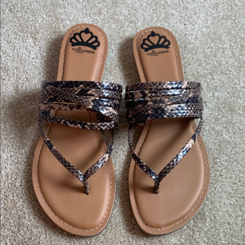 Fergalicious Brown and Gray Sandals with Glossy Straps